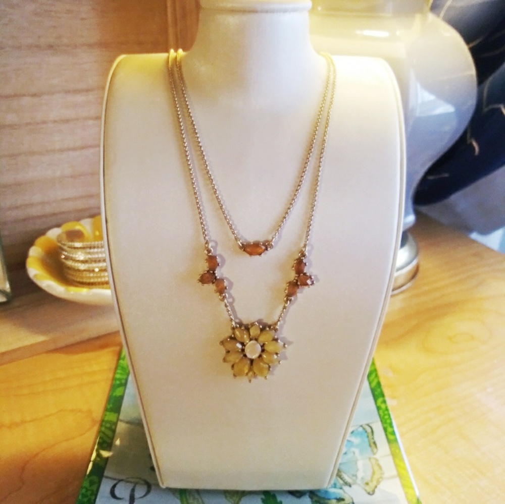 Lucky Brand Amber and Gold 2 Chain Flower Necklace